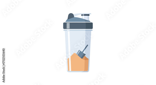 Clear plastic shaker bottle with orange protein powder and scoop for fitness supplements.