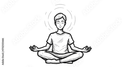 Young man meditating in lotus pose with radiating energy.