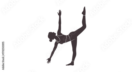 Silhouette of a woman performing a graceful yoga pose balancing on one leg with arms extended.