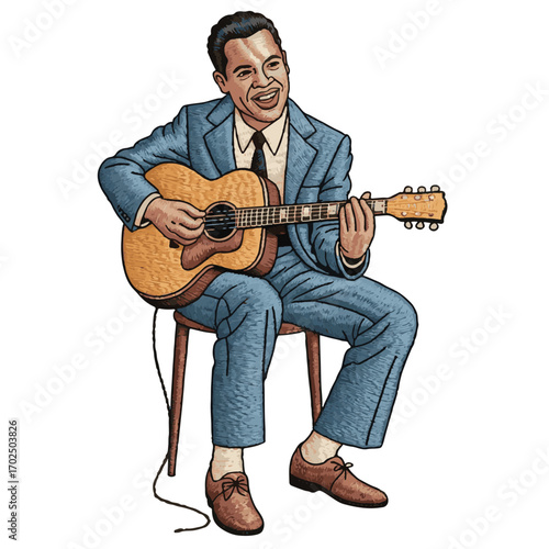 Man Playing Guitar Cartoon – Acoustic Music Performance Line Art Illustration in Suit and Chair