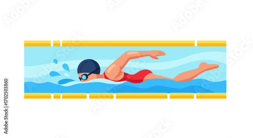 Athletic swimmer in red swimsuit and blue cap performing freestyle stroke in pool.