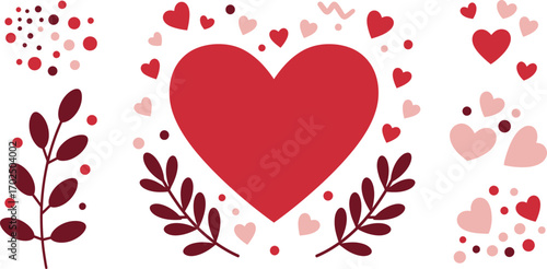 a large red heart surrounded by smaller hearts and leaves