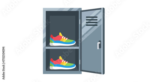 Colorful Sneakers Inside an Open Gray Metal Locker.