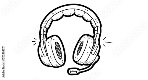 Cartoon Headphones with Microphone Outline Style.