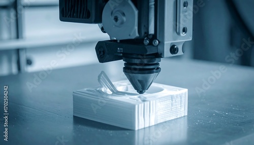 A close-up of a 3D printer head in action, layering material onto a block to create a custom shape