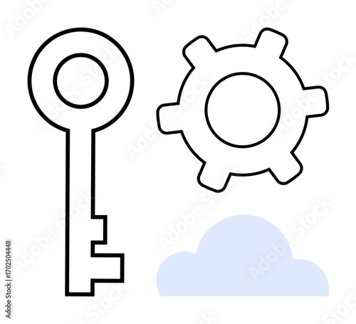 Key beside gear over cloud outline symbolizing access, processes, digital security, cloud computing. Ideal for technology, optimization, innovation, automation, software security cloud metaphor