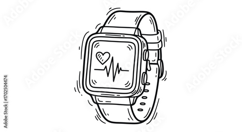 Hand-drawn smartwatch with heart rate monitor icon fitness tracker doodle.