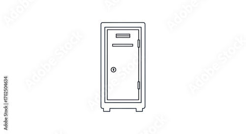 Outline drawing of a tall narrow metal safe with a single door and lock.