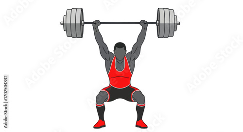 Powerful Weightlifter Performing a Barbell Overhead Press Squat.