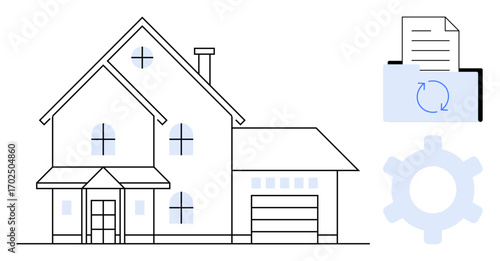 Modern house graphic with document folder and refresh symbol cogwheel representing automation. Ideal for real estate, technology, smart systems, home upgrades, automation, property management, data