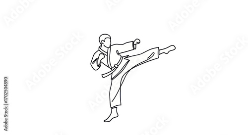 Dynamic Line Art of a Karate Practitioner Performing a High Kick.