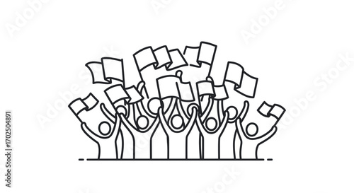 Crowd of People Waving Flags Line Art Illustration.