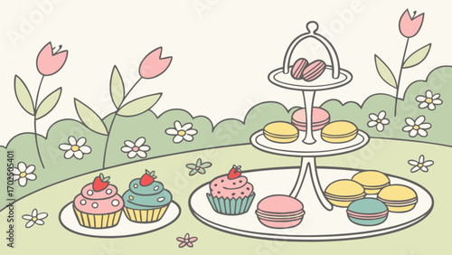 Cute garden party with cupcakes macarons and flowers vector illustration design for print art