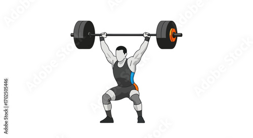 Strong male weightlifter performing an overhead barbell squat.