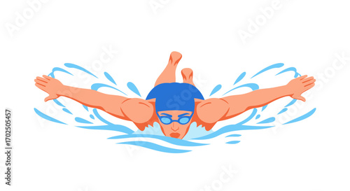 Athletic swimmer performing butterfly stroke in blue water.