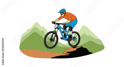 Mountain biker in action on a rugged trail with green hills.
