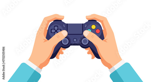 Hands holding a modern video game controller ready for play.