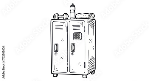 Hand-drawn Locker Room Storage with Fitness Accessories.
