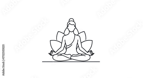 Line Art Illustration of a Meditating Figure with Lotus Flower Background.