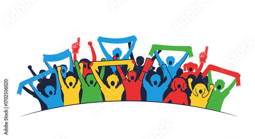 Diverse Crowd of Cheering Fans Holding Colorful Scarves and Raised Arms.