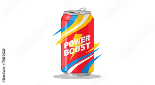 Red Energy Drink Can with Colorful Lightning Bolt Design and Power Boost Text.