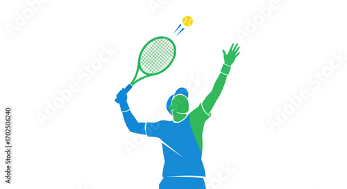 Stylized graphic illustration of a tennis player serving a ball.