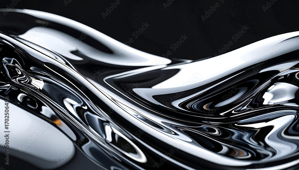 Fototapeta premium A close-up of a flowing, reflective liquid with a highly polished surface, swirling and rippling in silver and black hues