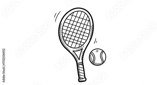 Hand-drawn Tennis Racket and Ball Illustration.