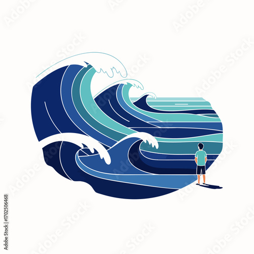 A lone individual stands before massive, overwhelming ocean waves, symbolizing the immense challenges and stress faced in modern life.