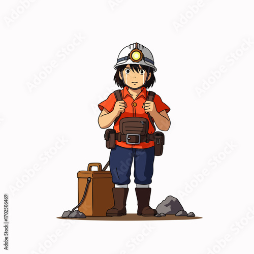 A young, determined animated character, dressed as a miner or explorer with a hard hat and headlamp, stands ready for adventure beside a toolbox and rocks.