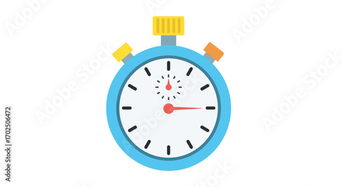 A bright blue stopwatch with yellow and orange buttons displaying a red second hand.