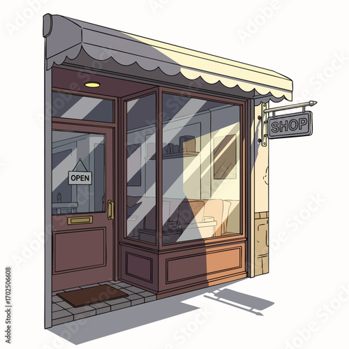 A charming vector illustration of a generic small business storefront with an 'OPEN' sign, bathed in warm sunlight, perfect for retail concepts.