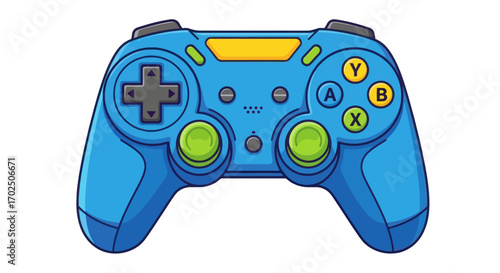 Cartoon Blue Video Game Controller with Buttons and Joysticks.
