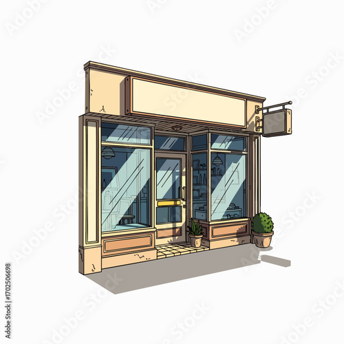 This delightful hand-sketched shop facade, featuring large display windows and a blank sign, offers a versatile graphic for small business concepts.