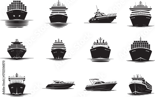 Monochrome vector icon set showcasing a diverse fleet of sea vessels, including cargo ships, cruise liners, and private yachts for maritime and logistics concepts