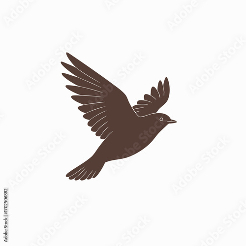 A graceful brown bird with outstretched wings soars freely through the sky, depicted as a minimalist graphic illustration.