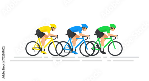 Three Colorful Cyclists Racing on Road Bikes in a Competitive Event.