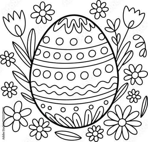 Hand drawn outline of a decorated easter egg surrounded by various blooming flowers and leaves in a simple line art style