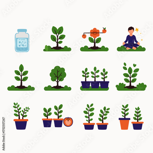 This comprehensive illustration set portrays essential stages of plant growth, from initial planting to full maturity, subtly reflecting personal development.