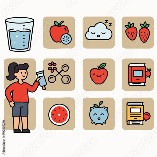 This vibrant illustration depicts a cheerful character promoting a holistic healthy lifestyle through icons representing nutrition, hydration, rest, and education.