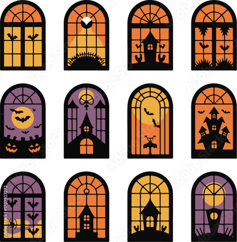 Spooky Halloween Window Vector Set for Creepy Decor and Festive Designs