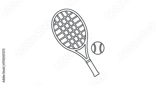 Minimalist black and white line art icon of a tennis racket and ball for sports.