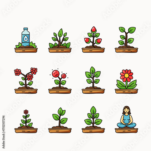 A vibrant collection of flat design icons illustrating various plant growth stages, from seedling to mature plants with fruit and flowers, representing nature's cycle.