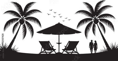 Silhouette of a relaxing beach scene with palm trees, sun umbrella, beach chairs, and couple enjoying the view. Perfect for vacation concepts