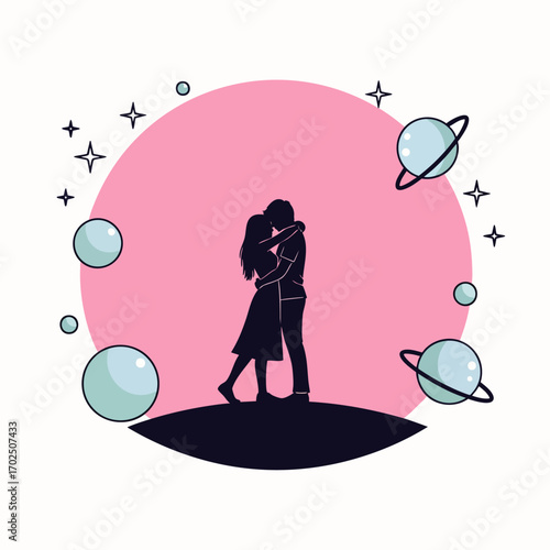 A loving couple embraces under a romantic cosmic sky, surrounded by whimsical planets and twinkling stars, symbolizing an eternal bond.