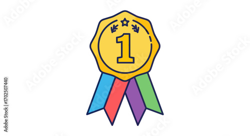 Vibrant illustrated first place gold medal with number one stars and colorful ribbons.
