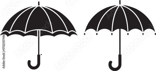 A set of two classic black umbrella icons isolated on a white background. Simple graphic vector illustration for weather, rain protection, and insurance concepts