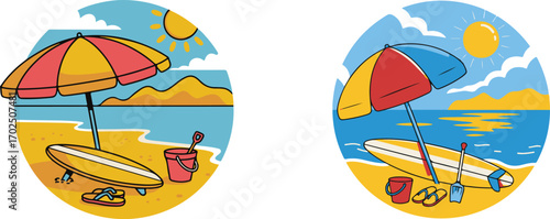 Colorful beach scenes with umbrellas, surfboards, buckets, and flip-flops under a bright sun, evoking summer vacation and coastal relaxation