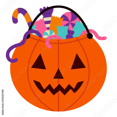 Traditional jack o lantern treat bag for trick or treat night, festive party design, autumn holiday celebration and spooky decoration.