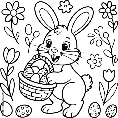 Cute cartoon easter bunny holding a basket full of decorated eggs surrounded by spring flowers and easter eggs for coloring